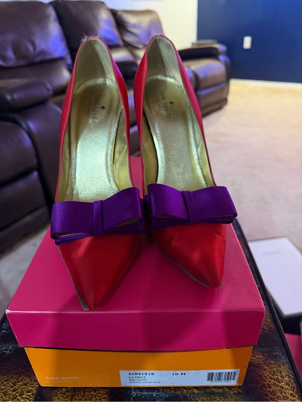kate spade Red Satin Pointy Toe Pumps with Purple Bow Accent
